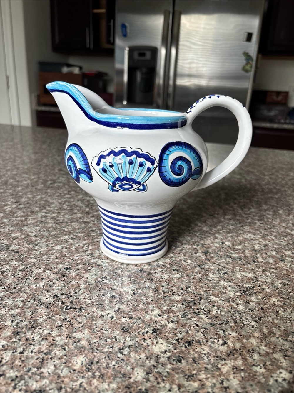 STARBUCKS Sberna Deruta Italian Pottery Pitcher Blue & White Seashells